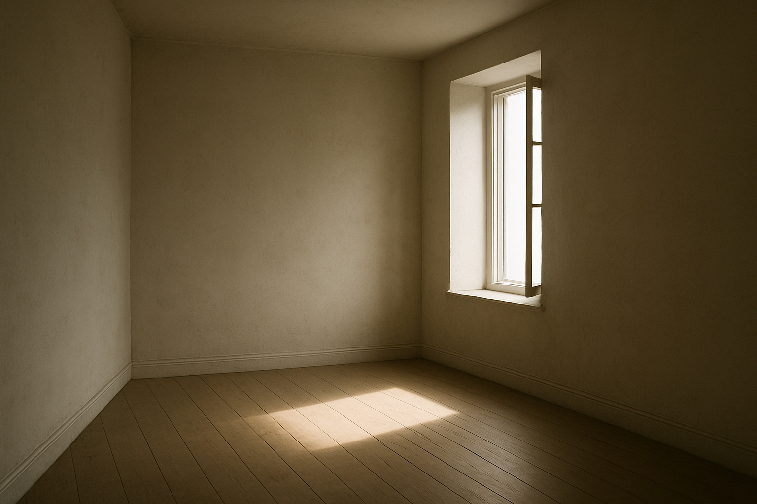 Leerer Raum mit offenem Fenster, durch das ein Lichtstrahl fällt