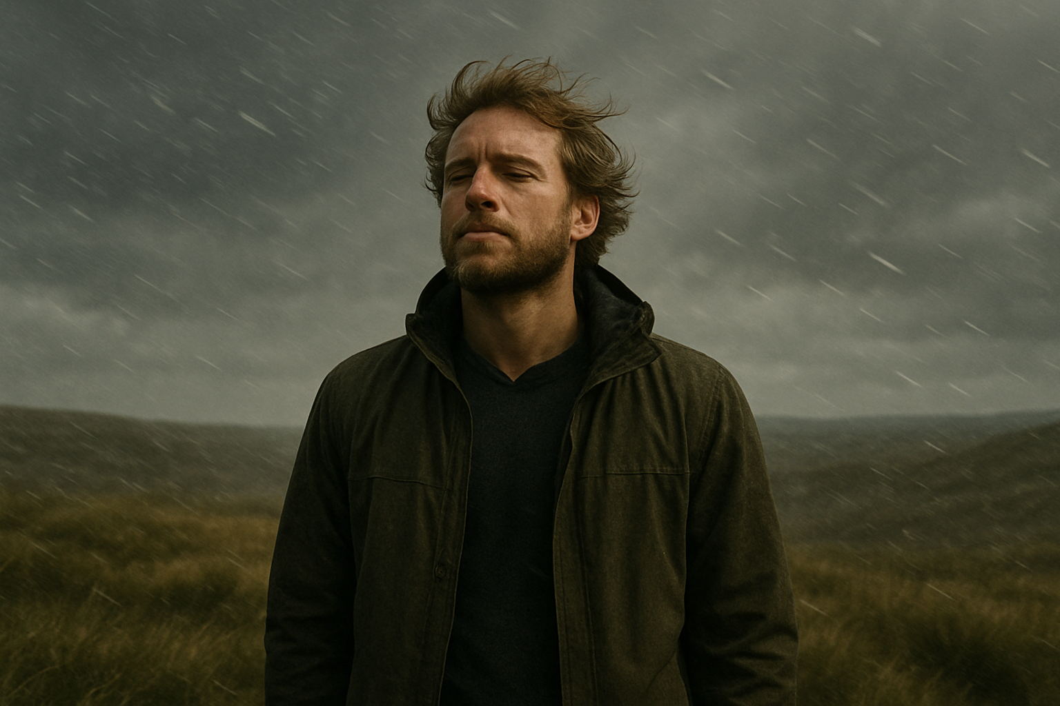 Ein Mann steht auf einem Feld, mittem im Sturm und Regen. – innerlich ruhig und gelassen.