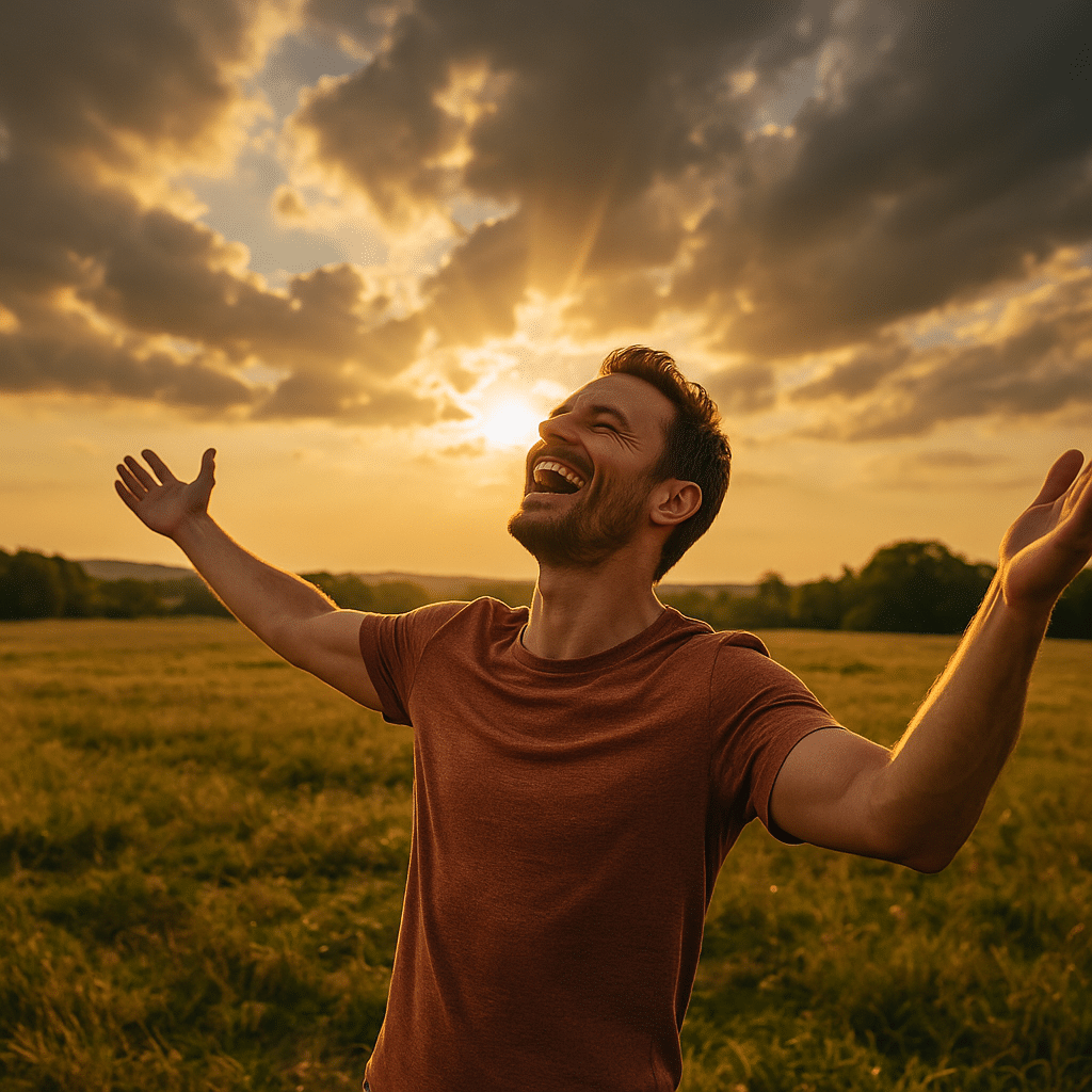 Spirituelle Erleuchtung – Ein Mann auf dem Feld, voller Lebensfreude, im Hintergrund bricht der Himmel auf.