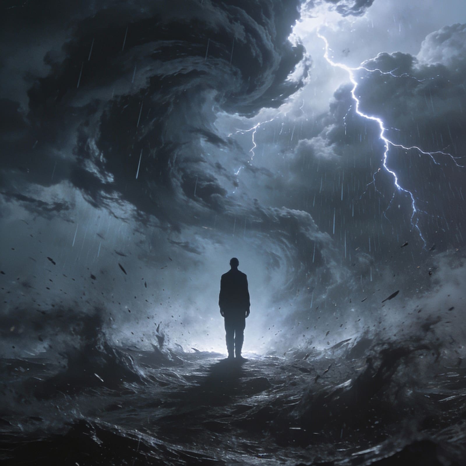 Radikaler Umbruch – Trennung, Chaos und die Wahrheit darin. Ein Mensch mitten im Sturm, Wolen, Blitze, Dunkelheit.